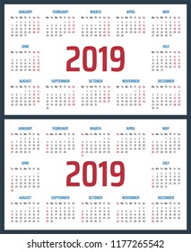 2019 year calendar, calendar design 2019 starts monday and sunday