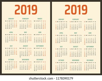 2019 year calendar, calendar design 2019 starts monday and sunday