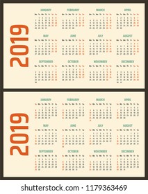 2019 year calendar, calendar design 2019 starts monday and sunday