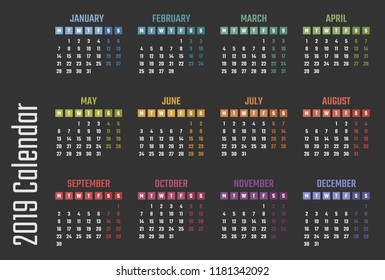 2019 year calendar, calendar design for 2019 starts monday