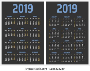 2019 year calendar, calendar design 2019 starts monday and sunday