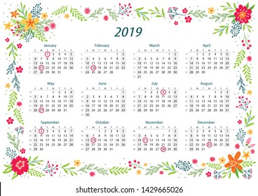2019 year calendar in English language, week starts from Sunday. Vector calendar. - Vector