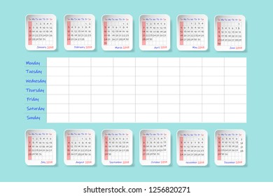 2019 year calendar with labels divided into the half year, the weekly planner is among them. Week start Sunday. All on the green background.