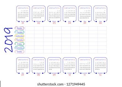 2019 year calendar with labels divided into the half year, the weekly planner is in the middle between them. Week start Sunday. All on the white background.