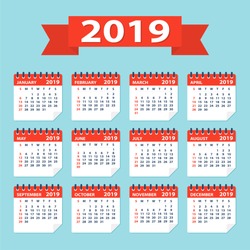 2019 Year Calendar Leaves Flat Set - Illustration. All Monthes