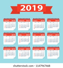 2019 year Calendar Leaves Flat Set - Illustration. All monthes