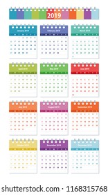 2019 year Calendar Leaves Flat Set. Colorful set. Monthly calendar design template. All monthes. Week starts on Sunday. Business vector illustration.