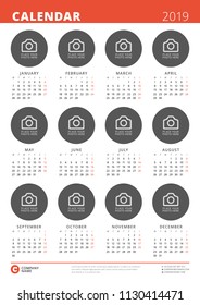 2019 year calendar poster. Vector design print template with place for photo. Circle frames. Week Starts on Monday.