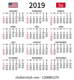 2019 year calendar. Simple, clear and big. English language. Week starts on Sunday. Sunday highlighted. No holidays. Vector illustration. EPS 8, no gradients, no transparency