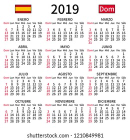 2019 year calendar. Simple, clear and big. Spanish language. Week starts on Sunday. Sunday highlighted. No holidays. Vector illustration. EPS 8, no gradients, no transparency