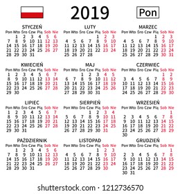 2019 year calendar. Simple, clear and big. Polish language. Week starts on Monday. Saturday and Sunday highlighted. No holidays. Vector illustration. EPS 8, no gradients, no transparency