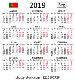 2019 year calendar. Simple, clear and big. Portuguese language. Week starts on Monday. Saturday and Sunday highlighted. No holidays. Vector illustration. EPS 8, no gradients, no transparency