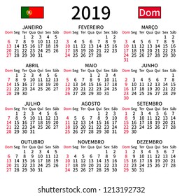 2019 year calendar. Simple, clear and big. Portuguese language. Week starts on Sunday. Sunday highlighted. No holidays. Vector illustration. EPS 8, no gradients, no transparency