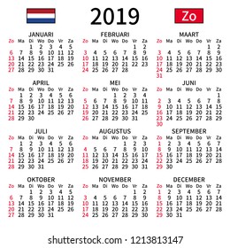 2019 year calendar. Simple, clear and big. Dutch language. Week starts on Sunday. Sunday highlighted. No holidays. Vector illustration. EPS 8, no gradients, no transparency