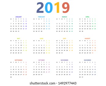 2019 year calendar simple style colorful planner layout. Colored weekends and month names.  Week starts from Monday