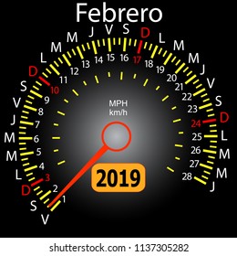 2019 year calendar speedometer car in Spanish February