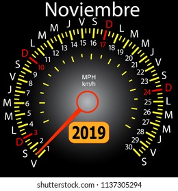 2019 year calendar speedometer car in Spanish November