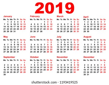 2019 year calendar template grid pocket horizontal orientation. Isolated on white vector illustration