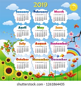 2019 year calendar in vector with poster