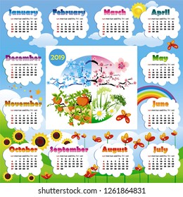 2019 year calendar in vector with poster