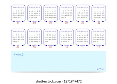 2019 year calendar, week start Sunday. Twelve sheets with a with a horizontal blank label for notes.