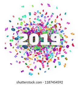 2019 year card with bright colorful confetti on white background.