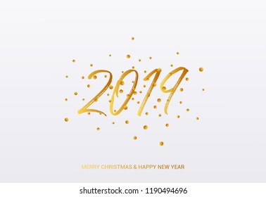 2019 year card with confetti in golden design. Merry Christmas and Happy New Year Text.