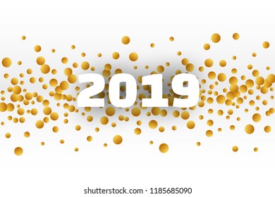 2019 year card with scattered golden confetti on white background.