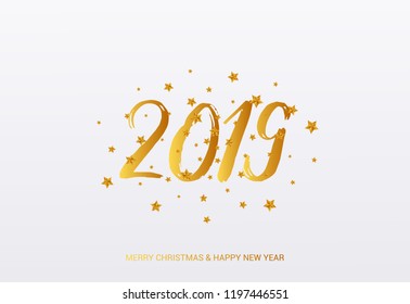 2019 year card with stars in golden design. Merry Christmas and Happy New Year Text.