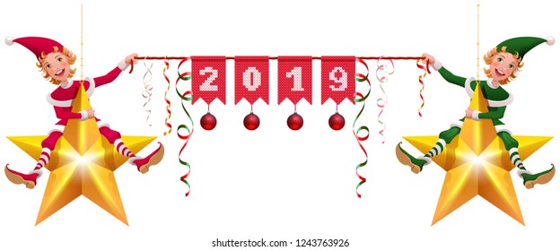 2019 year christmas decoration two elves holding banner. Isolated on white vector cartoon illustration