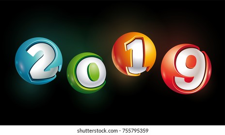 2019 year. Colorful and shine vector 3d numbers on black background.