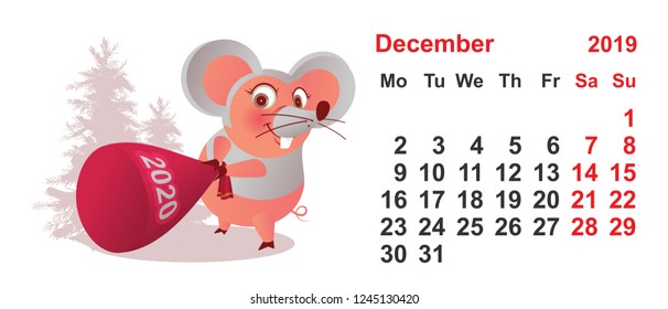 2019 year december calendar template. Pig mask mouse holds gift bag 2020 year. Isolated on white vector cartoon illustration