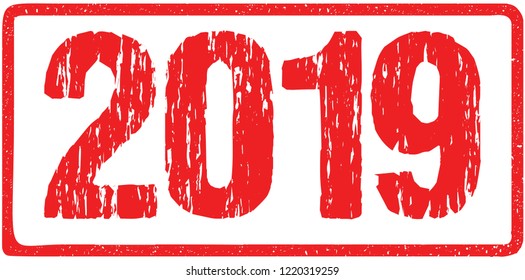 2019 Year Distressed Rough Numbers Sign Typography Isolated on White. Red Ink Grunge Rubber Stamp Imitation Effect