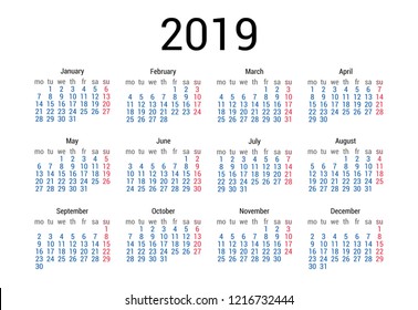 2019 year English calendar. Classical, minimalistic, simple design. White background. Vector Illustration. Week starts from monday.