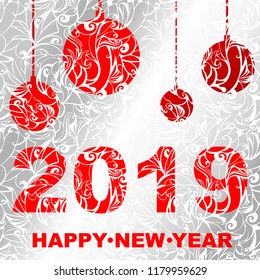 2019 year fishnet red sign with Christmas tree balls on a background of frosty silver patterns (Christmas card)
