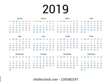 2019 year French calendar in French language. Classical, minimalistic, simple design. White background. Vector Illustration. Week starts from monday.