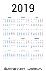 2019 year German calendar in German language. Classical, minimalistic, simple design. White background. Vector Illustration. Week starts from monday.