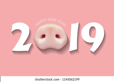 The 2019 year. Happy New Year greetings card or Christmas invitations. Zodiac Pig. Card with a realistic pig snout on a pink background.