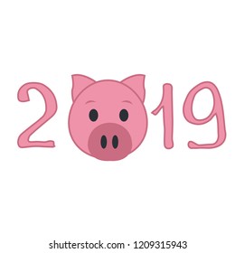 The 2019 year. Happy New Year greetings card or Christmas invitations. Zodiac Pig. Card with a realistic pig snout on a white background.