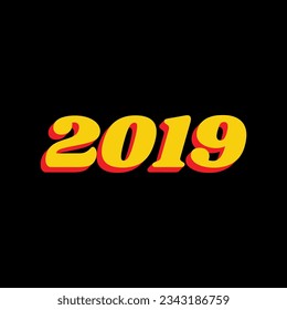 2019 year illustration. 3D Extruded Yellow Icon with Red Sides a Black background. Illustration.