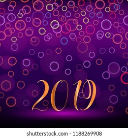 2019 year illustration with bokeh lights on violet background.