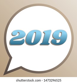 2019 year illustration. Bright cerulean icon in white speech balloon at pale taupe background. Illustration.