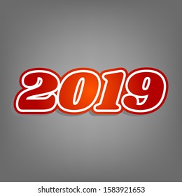 2019 year illustration. Flat red icon with linear white icon with gray shadow at grayish background. Illustration.