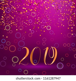 2019 year illustration with golden confetti, bokeh lights on violet background.