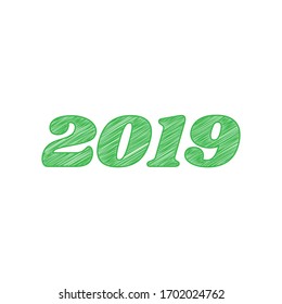 2019 year illustration. Green scribble Icon with solid contour on white background. Illustration.