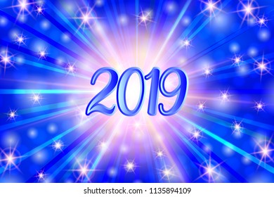 2019 year illustration with rays, bokeh lights on blue background.