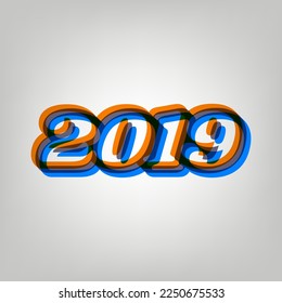 2019 year illustration. Stroked Icon in orange, azure and old lavender Colors at gray Background. Illustration.