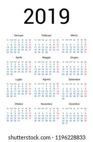 2019 year Italian calendar in Italian language. Classical, minimalistic, simple design. White background. Vector Illustration. Week starts from monday.