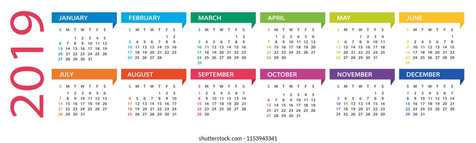 2019 year long calendar - vector Illustration. Week starts on Sunday