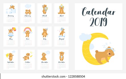 2019 year monthly calendar of all month. Vector cartoon style template for print. Cute teddy bear different activities and situations on every page. Vertical layout. 